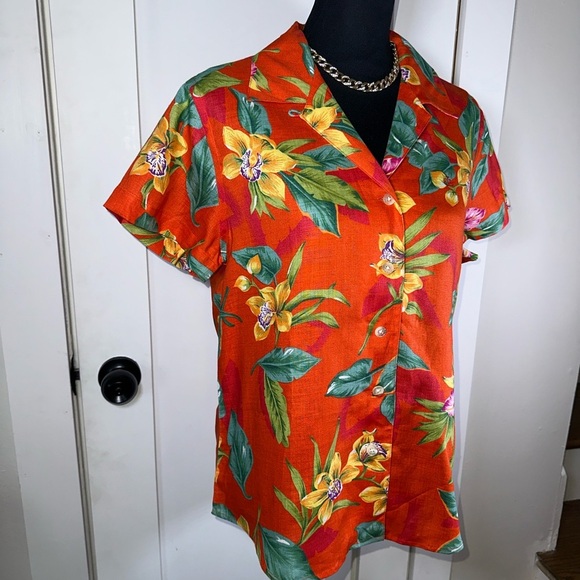 VINTAGE 100% Linen Lauren Ralph Lauren Vibrant Floral Button-Up Shirt - Picture 4 of 7